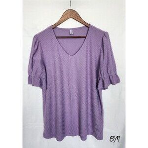 Neineiwu Purple V Neck Ruffle Sleeve Polka Dot Textured Short Sleeve Shirt - XL